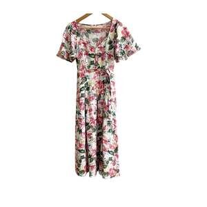 A New Day Midi Dress Women Sz 4 Pink Green Floral Belted Flutter Sleeve Cottage